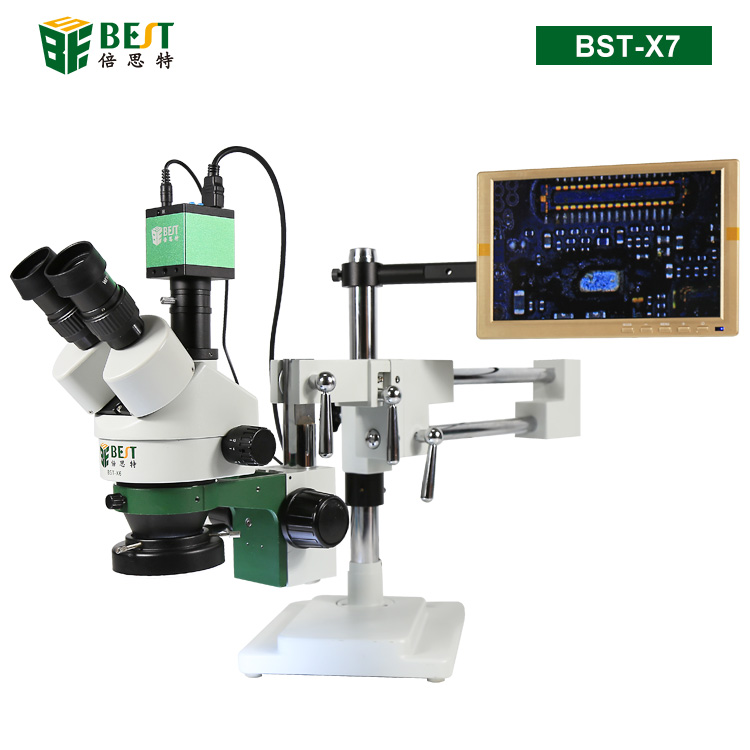 BST-X7 双臂万向支架三目体视显微镜手机维修7-45倍连续变焦长臂支架